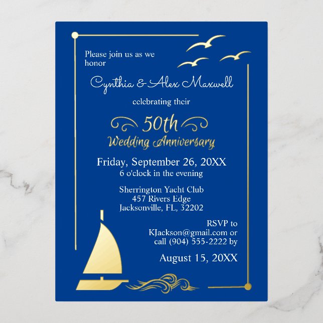 Sailboat 50th Wedding Anniversary Gold Foil Invitation Postcard (Front)