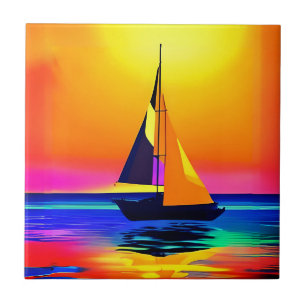Sailboat Against a Vibrant Ocean Sunset Tile
