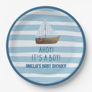Sailboat Ahoy its a boy blue baby shower Paper Plate