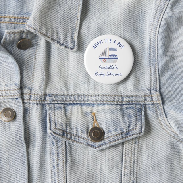 Sailboat Ahoy! It's A Boy Boy Baby Shower 2 Inch Round Button (In Situ)
