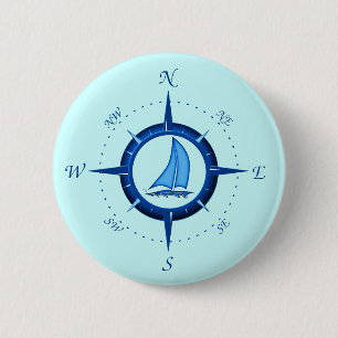 Sailboat And Compass Rose 2 Inch Round Button