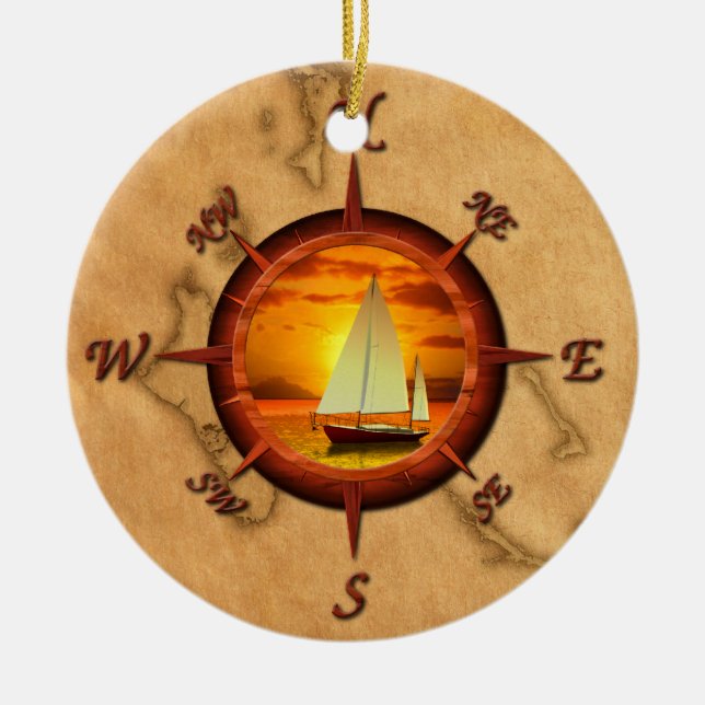 Sailboat And Compass Rose Ceramic Ornament (Front)