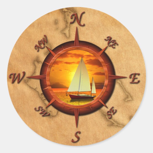 Sailboat And Compass Rose Classic Round Sticker (Front)