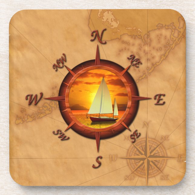 Sailboat And Compass Rose Coaster (Front)