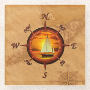 Sailboat And Compass Rose Glass Coaster