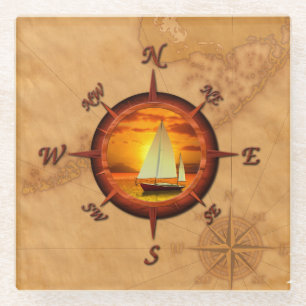Sailboat And Compass Rose Glass Coaster