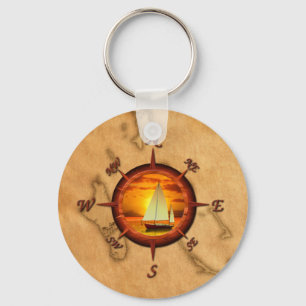 Sailboat And Compass Rose Keychain