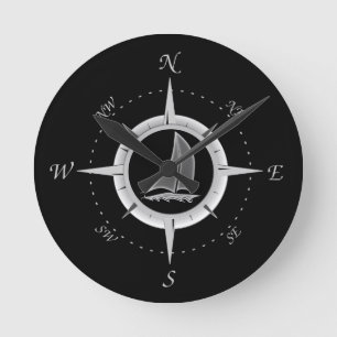 Sailboat And Compass Rose Round Clock