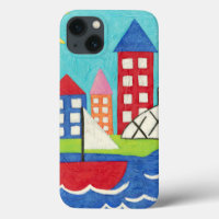 Sailboat and Hot Air Balloon with Cityscape