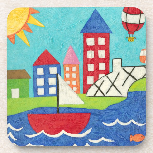 Sailboat and Hot Air Balloon with Cityscape Coaster (Front)