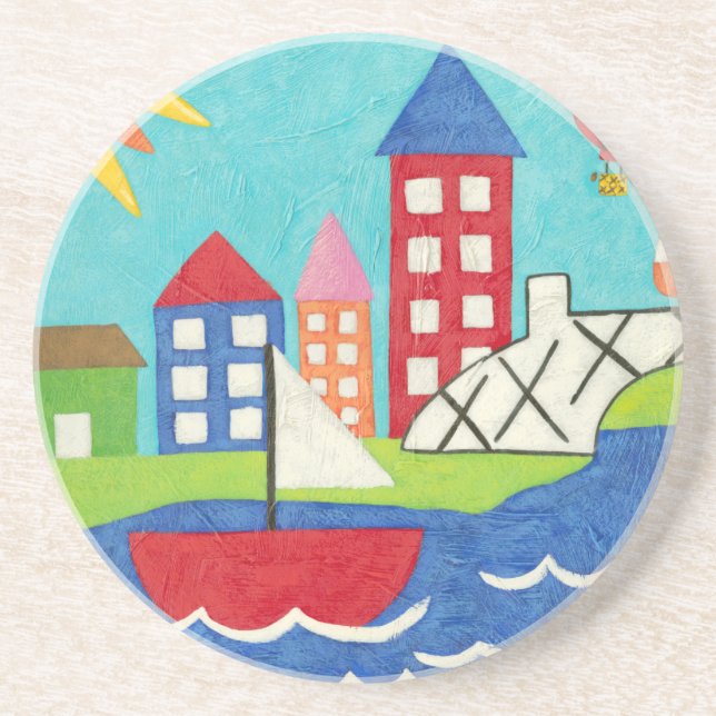 Sailboat and Hot Air Balloon with Cityscape Coaster (Front)