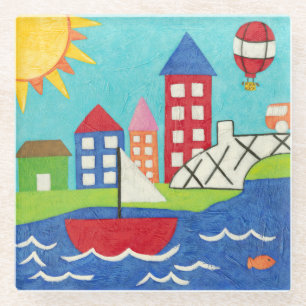 Sailboat and Hot Air Balloon with Cityscape Glass Coaster