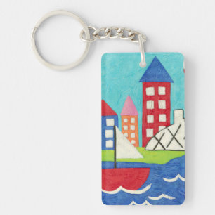 Sailboat and Hot Air Balloon with Cityscape Keychain