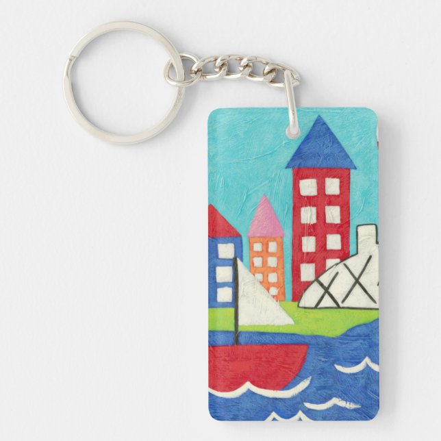 Sailboat and Hot Air Balloon with Cityscape Keychain (Front)