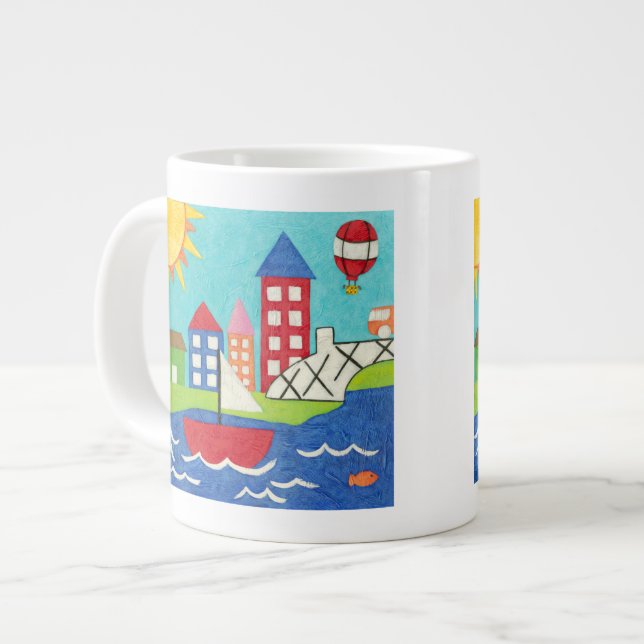 Sailboat and Hot Air Balloon with Cityscape Large Coffee Mug (Front Left)