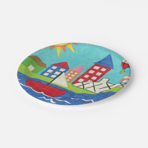 Sailboat and Hot Air Balloon with Cityscape Paper Plate