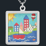 Sailboat and Hot Air Balloon with Cityscape Silver Plated Necklace<br><div class="desc">A cityscape serves as the background for a sailboat and a hot air balloon. A bright sun shines down on the scene,  and a cute fish swims under the water. Purchase this peaceful print today!</div>