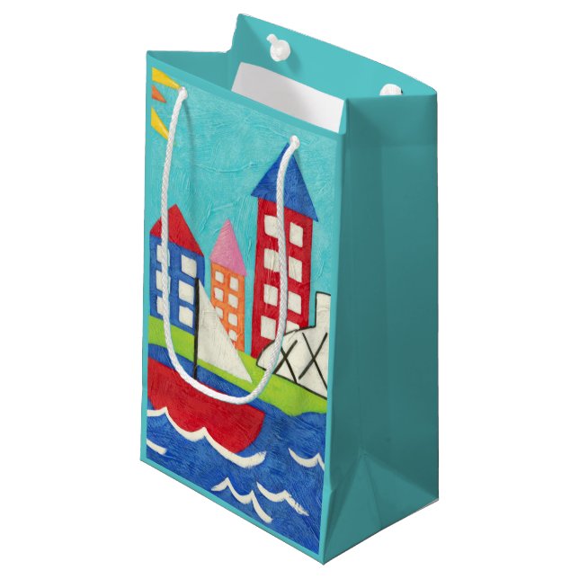 Sailboat and Hot Air Balloon with Cityscape Small Gift Bag (Front Angled)