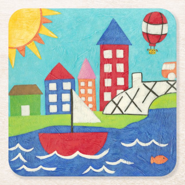 Sailboat and Hot Air Balloon with Cityscape Square Paper Coaster (Front)