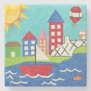 Sailboat and Hot Air Balloon with Cityscape Stone Coaster