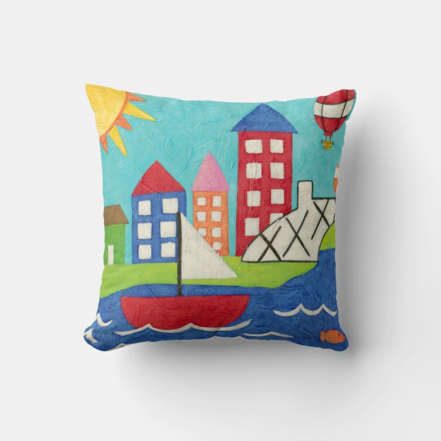 Sailboat and Hot Air Balloon with Cityscape Throw Pillow (Front)