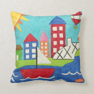 Sailboat and Hot Air Balloon with Cityscape Throw Pillow