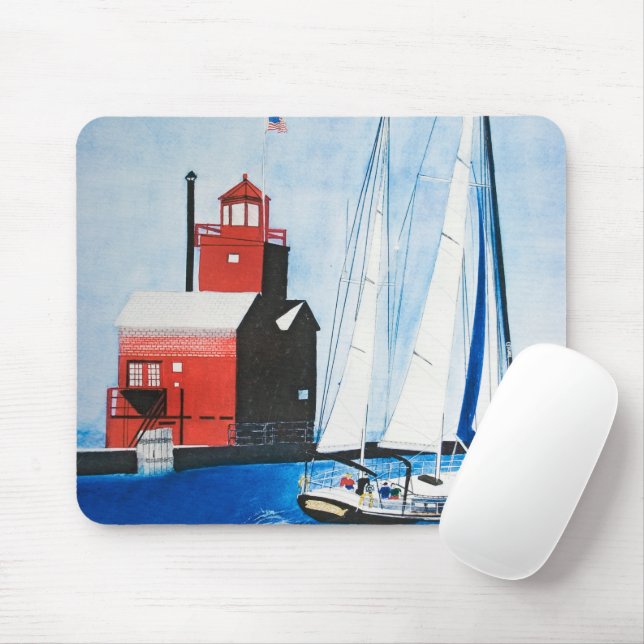 Sailboat and Red Lighthouse Watercolor Mouse Pad (With Mouse)