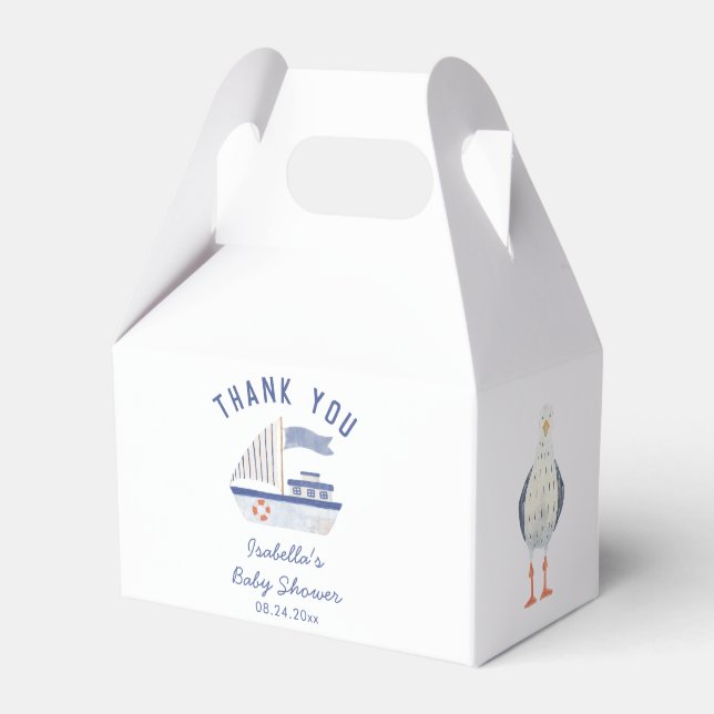 Sailboat and Seagull Thank You Boy Baby Shower Favor Box (Front Side)
