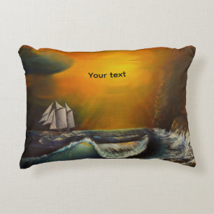 Sailboat and Sunset At The Rocky Shore Accent Pillow