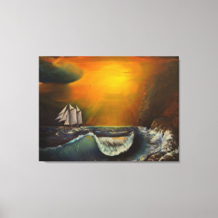 Sailboat and Sunset At The Rocky Shore Canvas Print