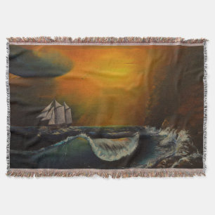 Sailboat and Sunset At The Rocky Shore Throw Blanket