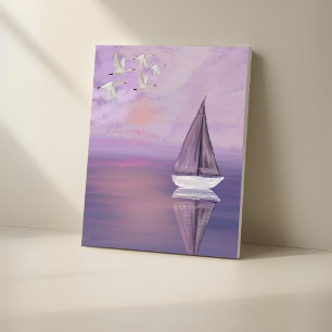 Sailboat and Swans at Sunset – Purple Canvas Wall Print