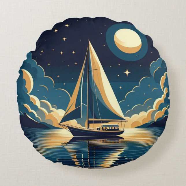 Sailboat at night round pillow (Front)