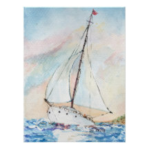 Sailboat at Sea Fine Art Watercolor Painting
