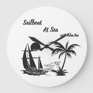 Sailboat at Sea with Palm Tree – Tropical Beach Large Clock