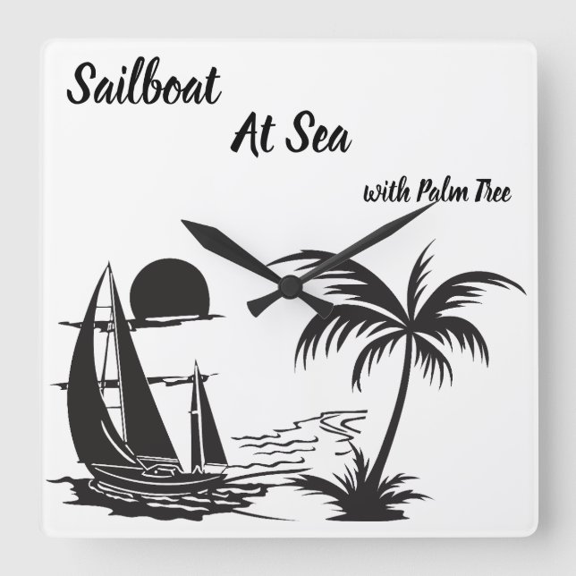 Sailboat at Sea with Palm Tree – Tropical Beach Square Wall Clock (Front)