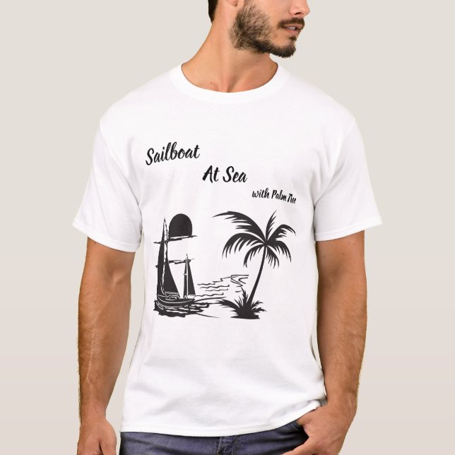 Sailboat at Sea with Palm Tree – Tropical Beach T-Shirt (Front)