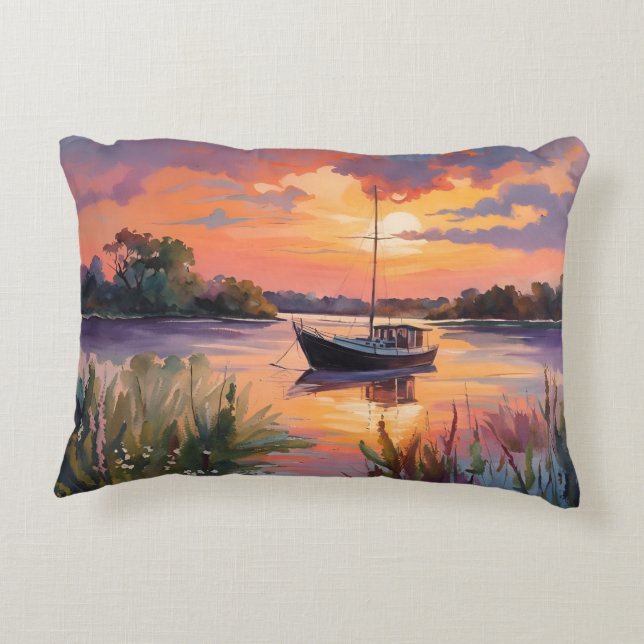 Sailboat at Sunrise Watercolor Art Accent Pillow (Back)