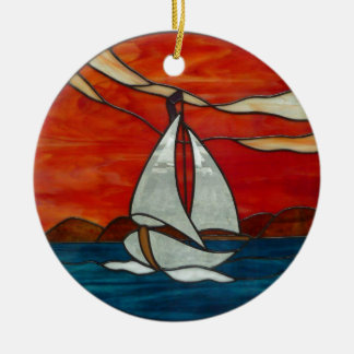 Sailboat at Sunset Stained Glass Art Design Ceramic Ornament