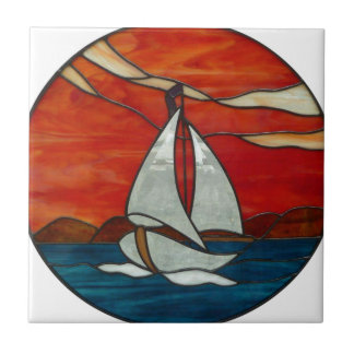 Sailboat at Sunset Stained Glass Art Design Tile
