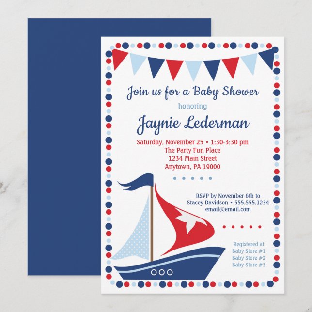 Sailboat Baby Shower Invitation Boys Sail Boat (Front/Back)