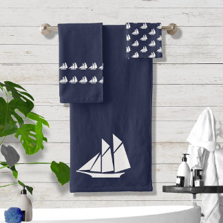 Sailboat Bathroom Ocean Blue & white Bath Towel Set