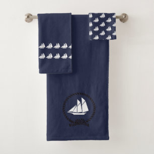 Sailboat Bathroom Ocean Blue & white Bath Towel Set