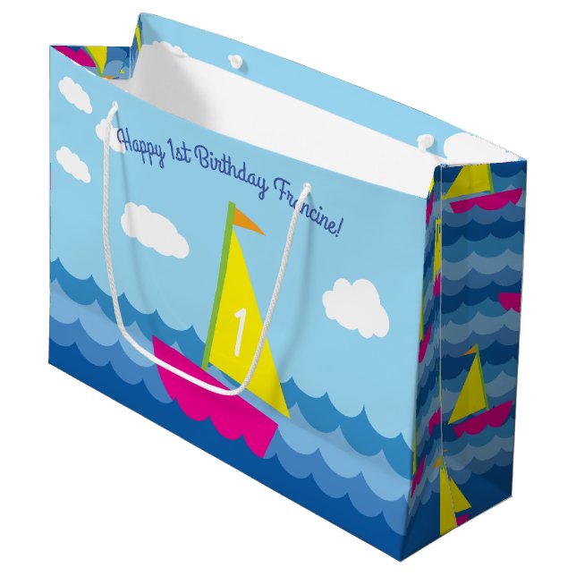 Sailboat Birthday Party Large Gift Bag (Front Angled)
