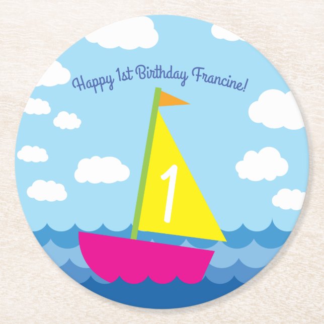 Sailboat Birthday Party Round Paper Coaster (Front)