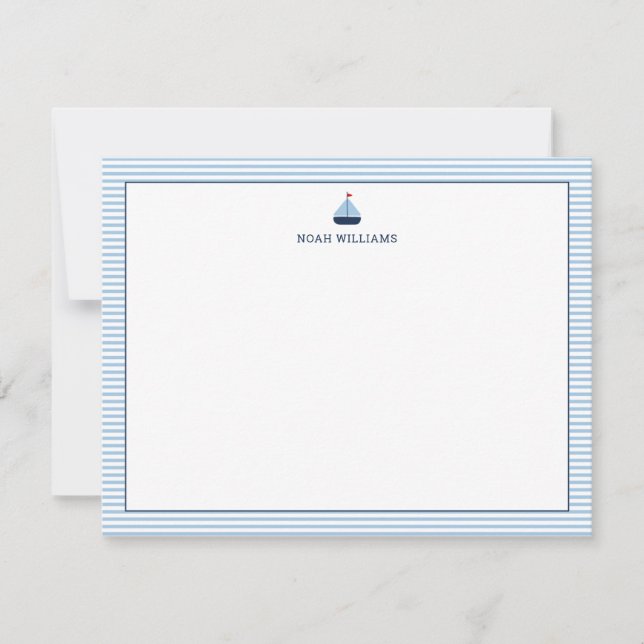 Sailboat Blue Stripes Personalized Stationery Card (Front)