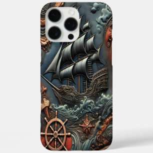 Sailboat Carving With Waves and Nautical Elements iPhone 16 Pro Max Case