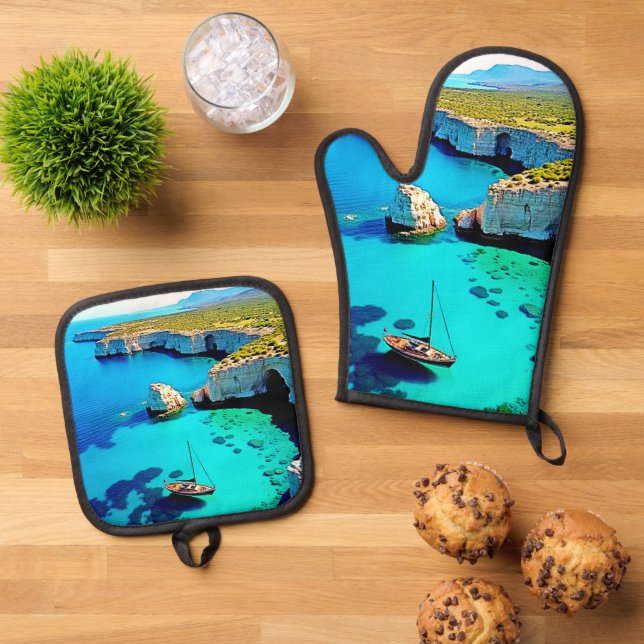 Sailboat Cliffside Sanctuary Art Oven Mitt & Pot Holder Set (Top Down)