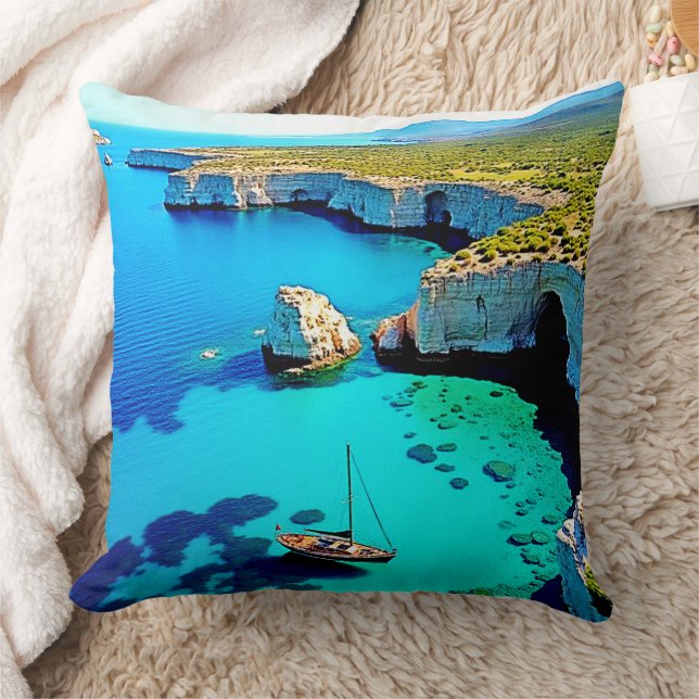 Sailboat Cliffside Sanctuary Art Throw Pillow (Blanket)
