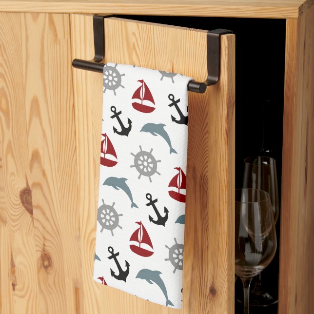 Sailboat Dolphin Anchor Pattern Navy and Red Kitchen Towel (Thirds Fold)